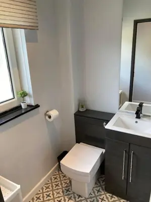 a bathroom with a white toilet and a sink at Rustic Top Floor West End Pad With Balcony, Parking next to Byers Road, Aston Lane, Glasgow Uni in Glasgow
