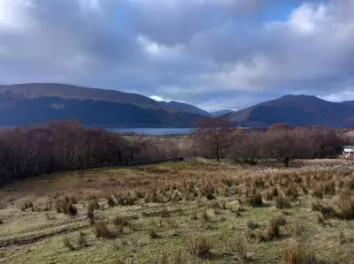 a field with a lake and mountains in the background at Christmas Cottage in Balmaha