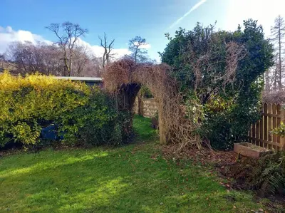 a garden with an arch in the grass at Christmas Cottage in Balmaha