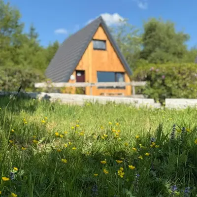 a wooden house with a field of grass and flowers at 1 Bedroom Cabin with Mountain & Loch Views - Quiet Location between Glencoe & Ben Nevis in Onich