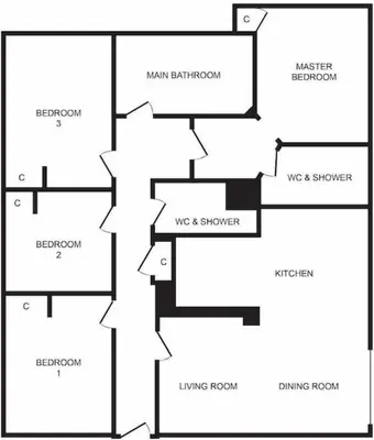 a black and white floor plan of a house at Hot tub lodge with stunning view in Taynuilt