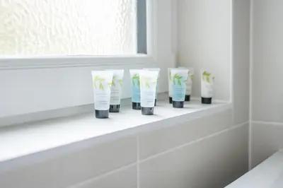 a bathroom with a shelf with fouramboo plants in bottles at Quiet 2 bedroom gem in Stirling in Bridge of Allan
