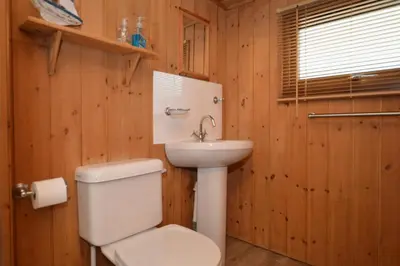 a bathroom with a white toilet and a sink at Seil Log Cabin in Dalavich