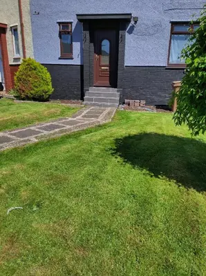 a house with a brown door and a grass yard at Kumba in Kilmarnock