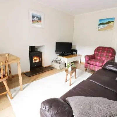 a living room with a couch and a fireplace at Cnocachanach Cottage in Tarbert
