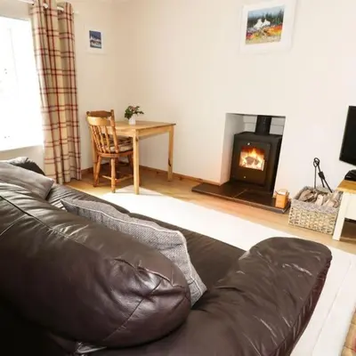 a leather couch in a living room with a fireplace at Cnocachanach Cottage in Tarbert