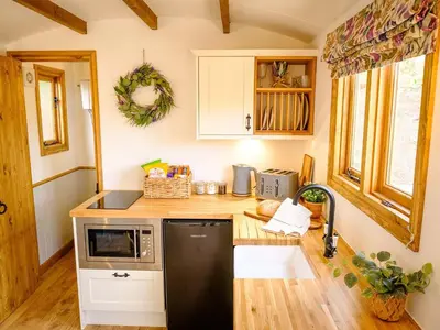 a small kitchen with a counter and a microwave at Lintmill Lodges - Bluebell Shepherds Hut in Sorn