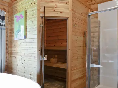 a wooden bathroom with a shower and a toilet at Ashknowe Log Cabin - S4590 in Glenfarg