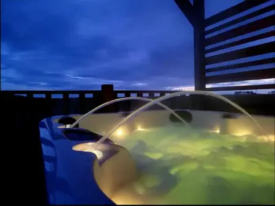 a bath tub sitting on a balcony at night at The Galloway Steading - The Fox's Den with Hot Tub and Fire Pit in Glenluce