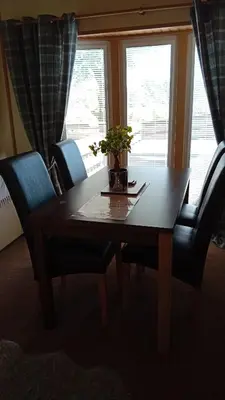 a dining room table and chairs with a plant on it at Baytree Lodge at three lochs holiday park, NEW ASK ABOUT OUR PACKAGES birthday ,anniversary,family,pamper packages available in Balminnoch