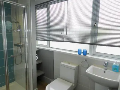 a bathroom with a toilet and a sink and a shower at Sunnyside Cottage in Lamlash