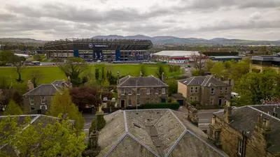 an aerial view of a football stadium with buildings at Edinburgh Whisky House Hotel in Edinburgh