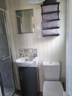 a bathroom with a toilet and a sink and a mirror at North Muasdale Farm, Ewe View in Muasdale