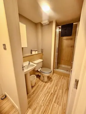 a bathroom with a toilet and a sink and a shower at Cunninghame 4 in Beith
