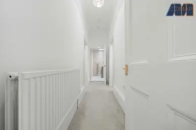a hallway with white walls and a white door at Albert Road in Gourock