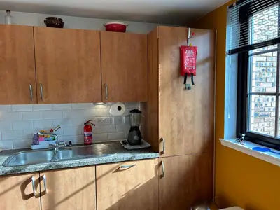 a kitchen with wooden cabinets and a sink and a window at The Pentland Apartment in Penicuik