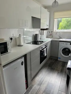 a white kitchen with a sink and a dishwasher at Loch Lomond Riverside Apartments A in Balloch