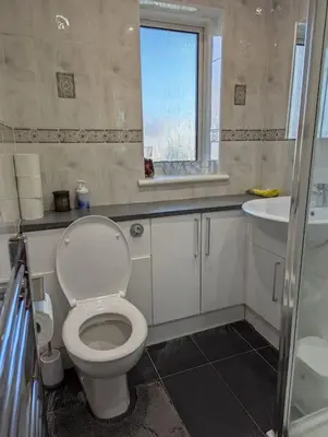 a bathroom with a toilet and a sink and a window at Lovely 3-Bed Edinburgh Flat in Edinburgh