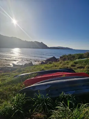 a group of surfboards sitting on the grass near the beach at Cumbrae Loft in Millport