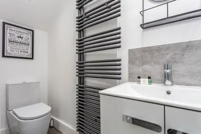 a bathroom with a toilet and a sink at St Meddans Mews in Troon in Troon