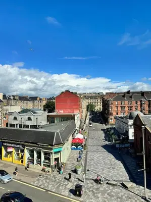 an overhead view of a city street with buildings at Two bedroom maisonette in the heart of the West End in Glasgow
