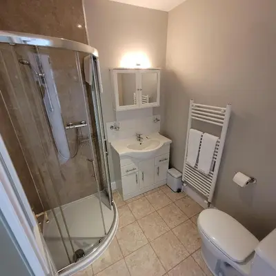 a bathroom with a shower and a toilet and a sink at Loch Lomond Finnich Cottages in Drymen