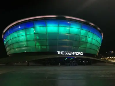 a blue and green building with the see hiroo sign at 2B apartment near Glasgow SEC, OVO Hydro & city centre in Glasgow