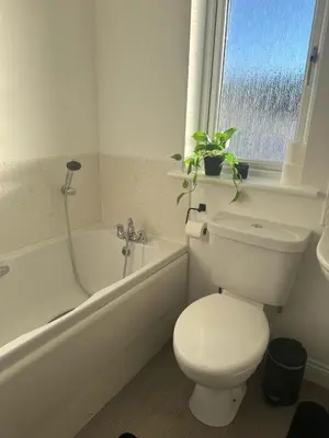 a white bathroom with a toilet and a tub and a window at Black Daisy in Glasgow