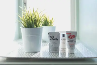 three products sitting on a shelf with a potted plant at Carvetii - Meg's Studio - 1st Floor, Dunfermline City Centre in Dunfermline