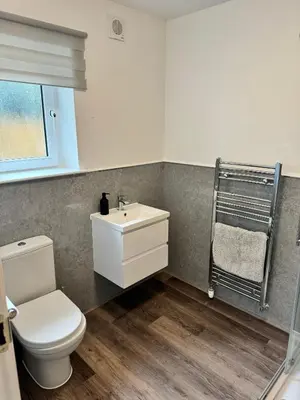 a bathroom with a toilet and a sink at Inchconnachan Apartment in Bonhill