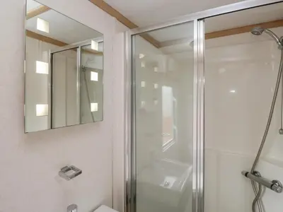 a bathroom with a shower and a mirror at Willow in Denny