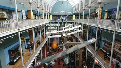 a view of a shopping mall with a fake rocket at Violet Bank Apartment New Town in Edinburgh