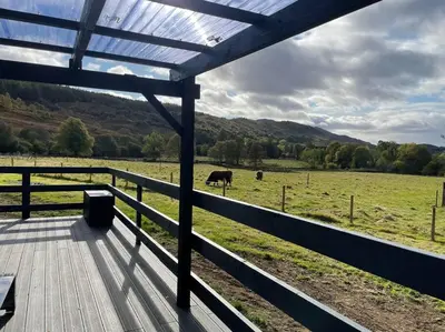 a deck with a view of a cow in a field at Riverview Lodge & Luxury Hot Tub in Acharra