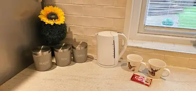 a group of trash cans and a vase with a sunflower at Boghead Cottage The West Wing in Bathgate