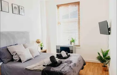a bedroom with a bed with a dog laying on it at Glasgow City 1 Bedroom Apartment in Glasgow