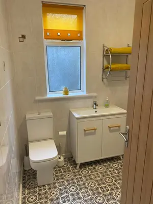 a bathroom with a toilet and a sink and a window at Garden flat in Largs
