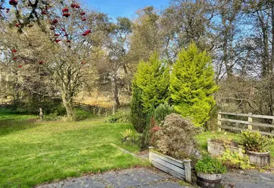 a garden with two trees and a fence at Old Powdermill Cottage in Tighnabruaich
