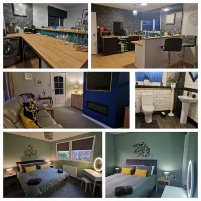 a collage of pictures of a kitchen and a living room at 175 On Clyde - Spacious & Cosy Cedar Wood Bungalow in Helensburgh