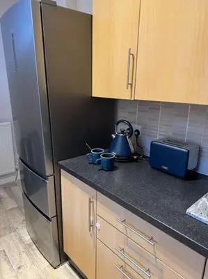 a kitchen with a refrigerator and a tea kettle on the counter at Peaceful Place in Falkirk