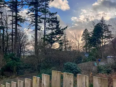 a wooden fence with trees in the background at Katie's Cosy Caravan - Uk48380 in Ardgour