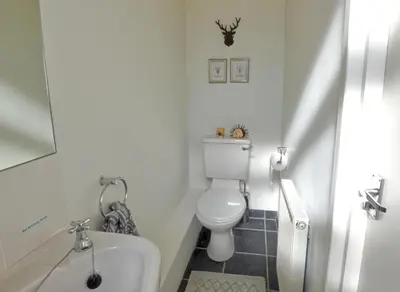 a bathroom with a toilet and a sink at Black Barony Home Farm Cottage in Eddleston