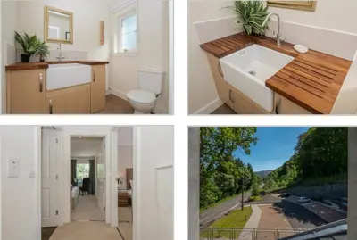 a collage of three pictures of a bathroom at Am Tighndhuin in Killin