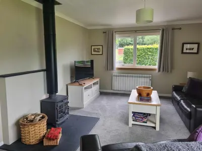 a living room with a fireplace and a couch at Inveruglas Farm Cottage in Arrochar