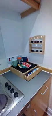 a kitchen with a counter top with a plate on it at Flat in Central Edinburgh New Town , Lothian Road Heart of Edinburgh Flat Sleeps 4 in Edinburgh
