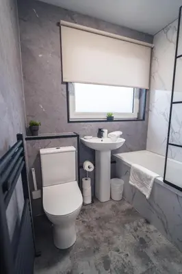 a bathroom with a toilet and a sink at Franklin Place in East Kilbride