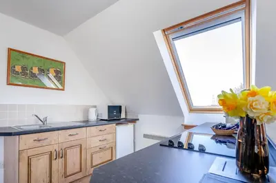 a kitchen with a vase of yellow flowers on a counter at 1 Bed in Methven oc-v30533 in Methven