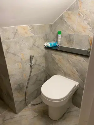 a bathroom with a toilet and a shower at The Barn in Hawkhead