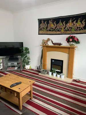 a living room with a fireplace and a tv at Little Universe in Edinburgh