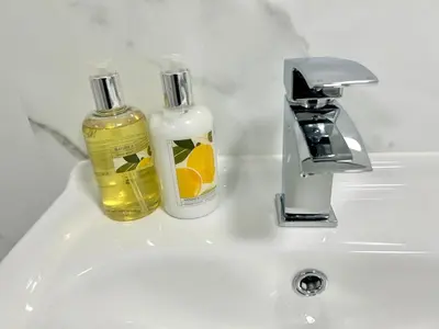 a bathroom sink with two bottles of soap and a faucet at Charming home away from home! in Edinburgh
