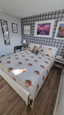 a bedroom with a large bed with cats on it at Innisfail Edi - double room with private bathroom in Edinburgh